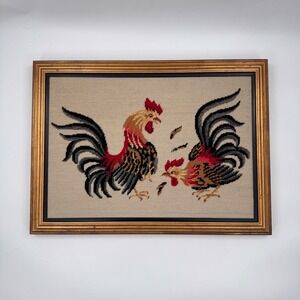Vintage Framed Fighting Roosters Needlepoint Traditional Americana Art